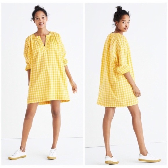Madewell Dresses & Skirts - Madewell Relaxed Fit Cotton Tunic Mini Dress Yellow Gingham Plaid Small